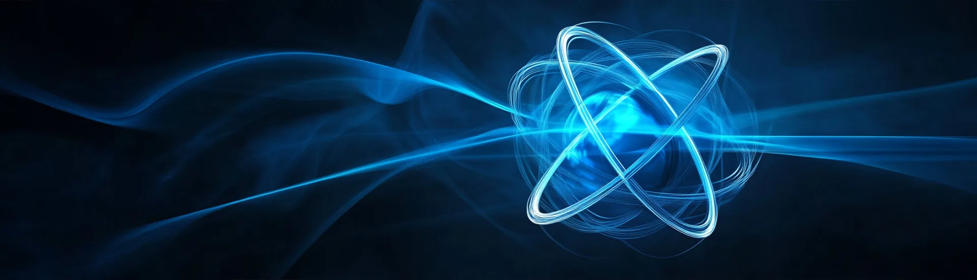 Leuchtendes, stilisiertes Atommodell mit blauen Lichtspuren vor dunklem Hintergrund.