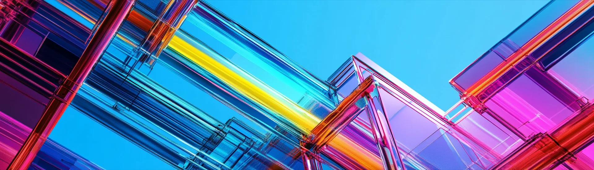 Abstrakte, transparente 3D-Strukturen in leuchtenden Farben wie Blau, Pink und Gelb vor einem klaren blauen Hintergrund – symbolisiert digitale Vernetzung oder moderne Technologie.