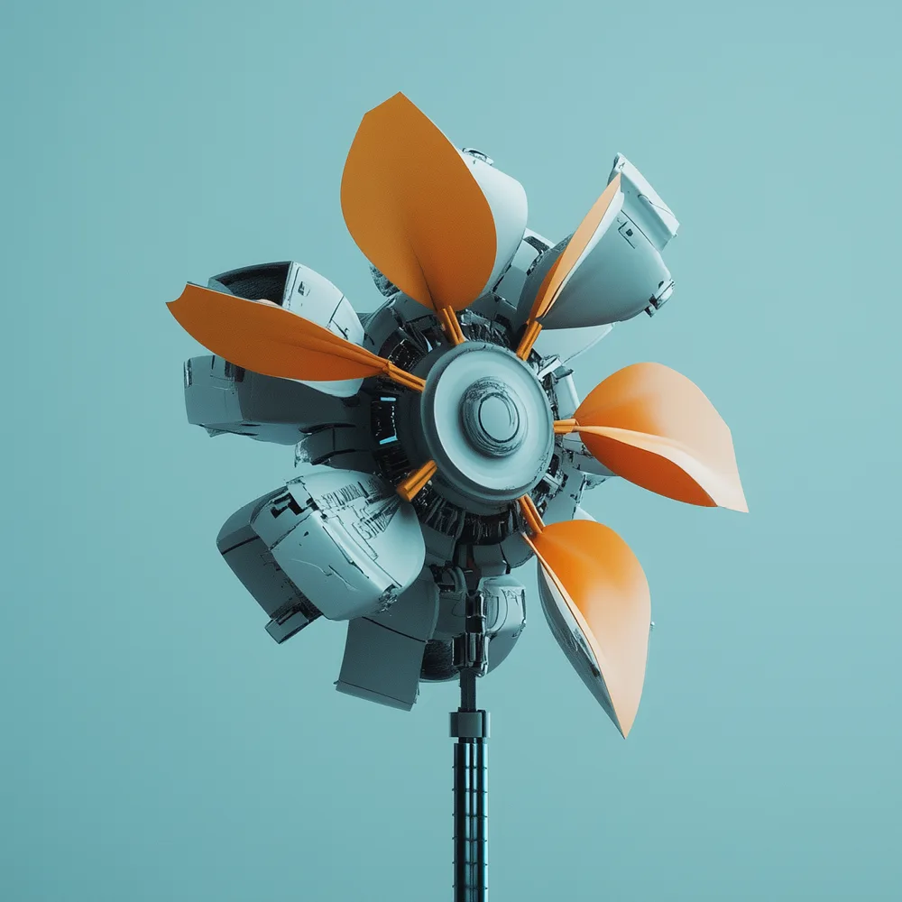 Windrad in orange und blau auf blauem Untergrund