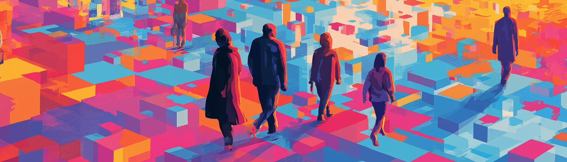 stilistisches Bild mit mehreren Personen auf Pfaden, Boden sieht nach Land mit Fluss aus