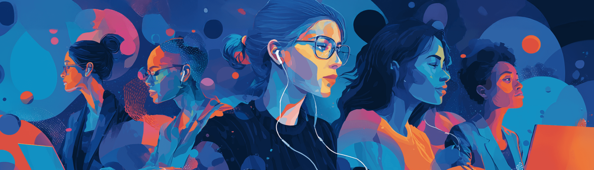 stilisierte Frauen in Blautönen mit etwas orange als Beitragsbild zur Women in Tech