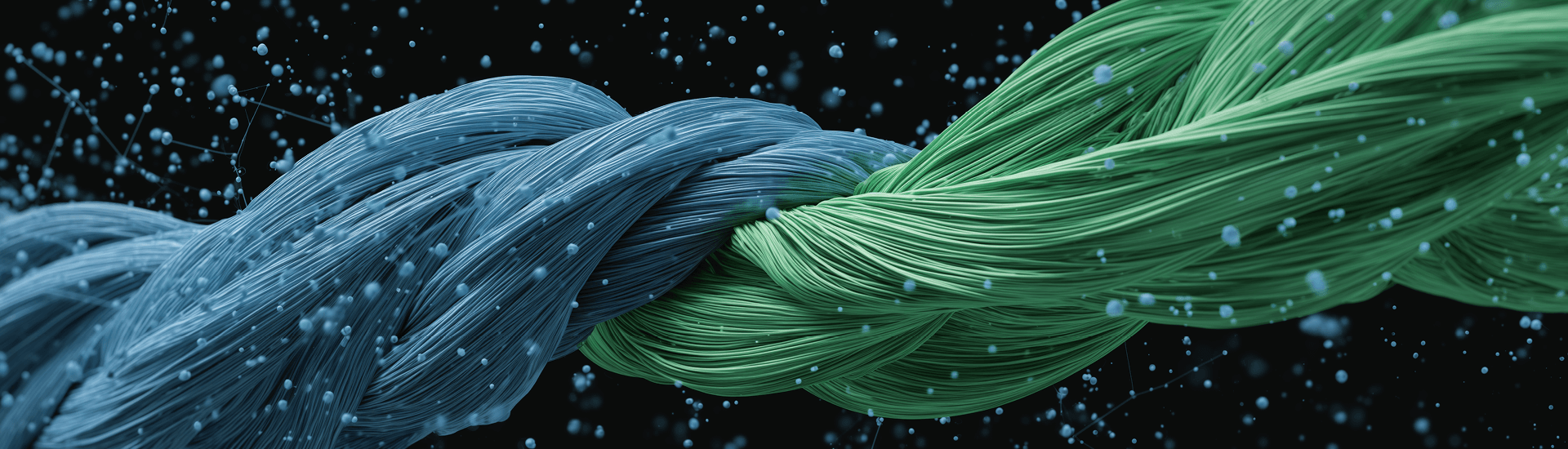 Auf schwarzem Hintergrund greifen von links blaue und von rechts grüne Wellen ineinander.