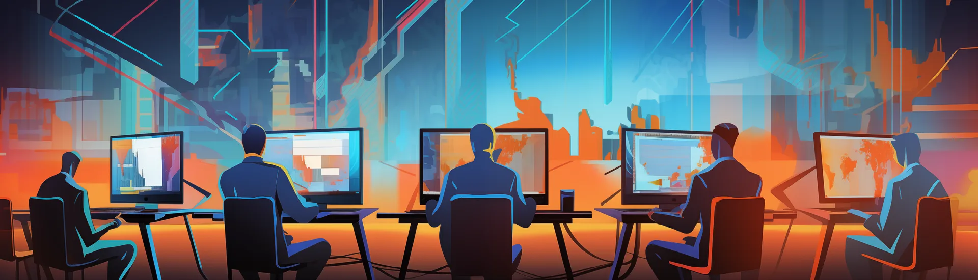 Illustration einer Gruppe Menschen an ihren Schreibtischen vor dem Computer, im Hintergrund blaue Datenströme