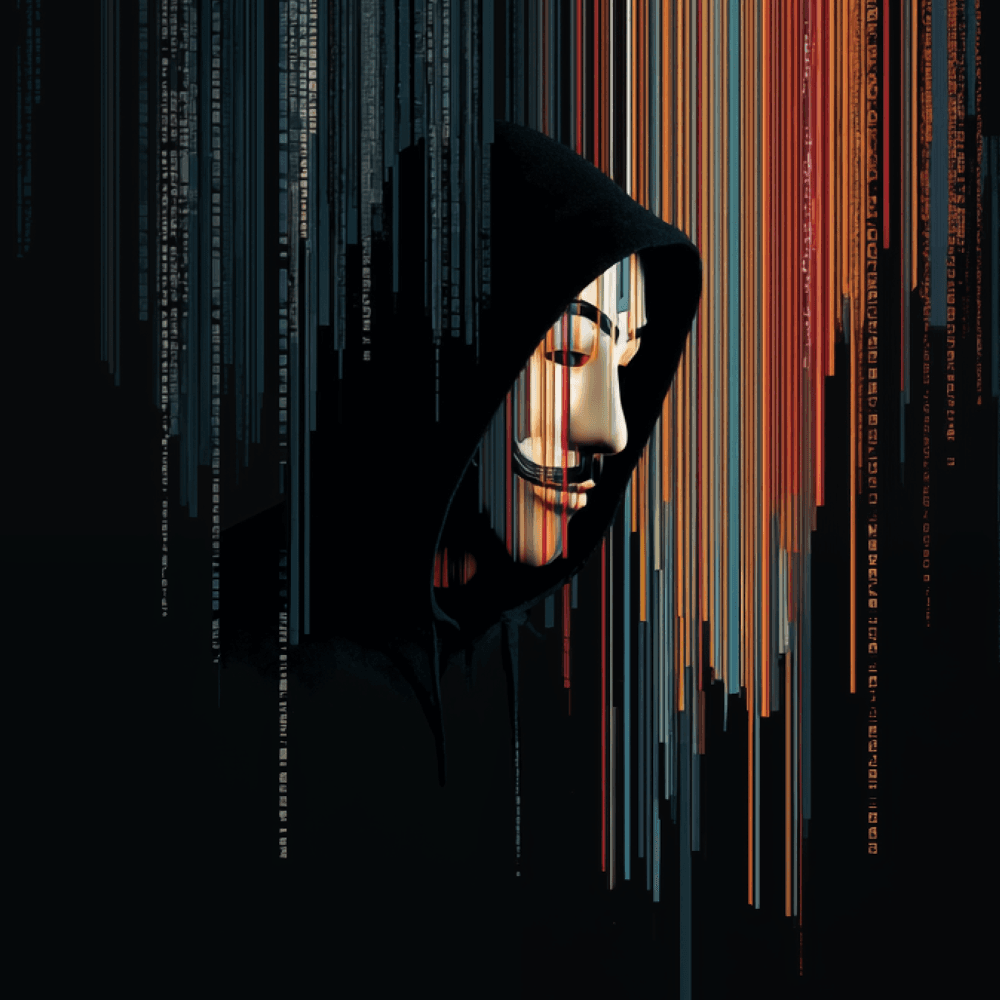 Maske, schwarzer Hoodie, farbige Streifen, illustriert