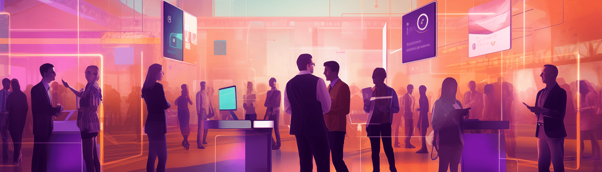 Illustration von Messebesuchern in den Farbtönen der lila Palette