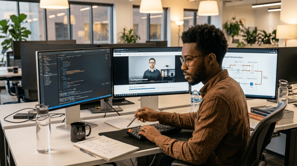 Man vor Computer versucht ein IT-Problem zu lösen. 