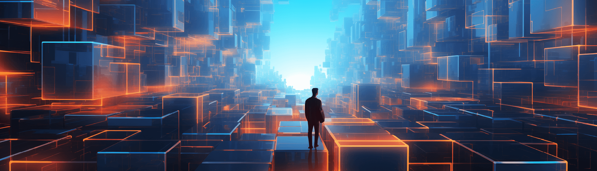 Person steht in einer futurischen Umgebung aus Quadraten