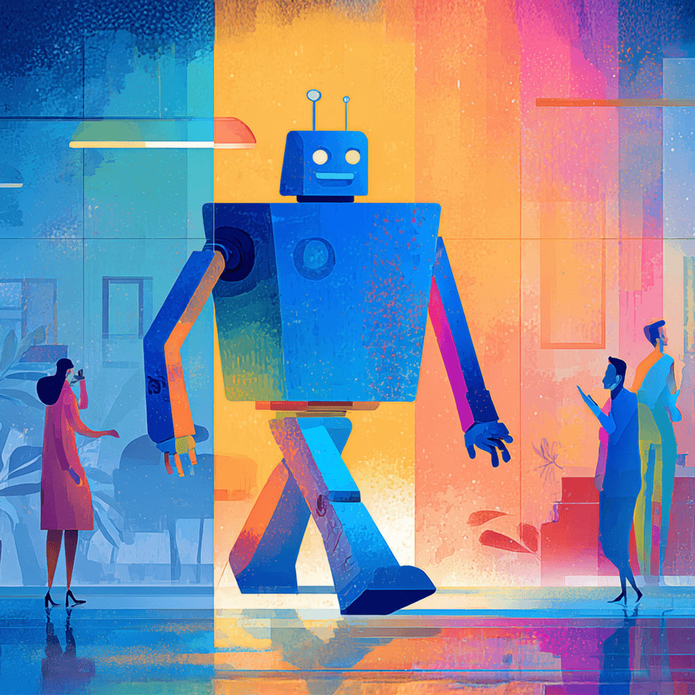 Illustration Roboter läuft in Raum mit Menschen in Blautönen gehalten