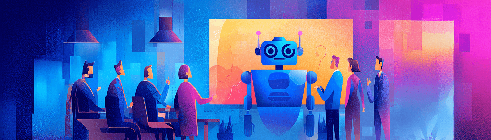 Illustration eines Roboters vor Publikum in Blautönen