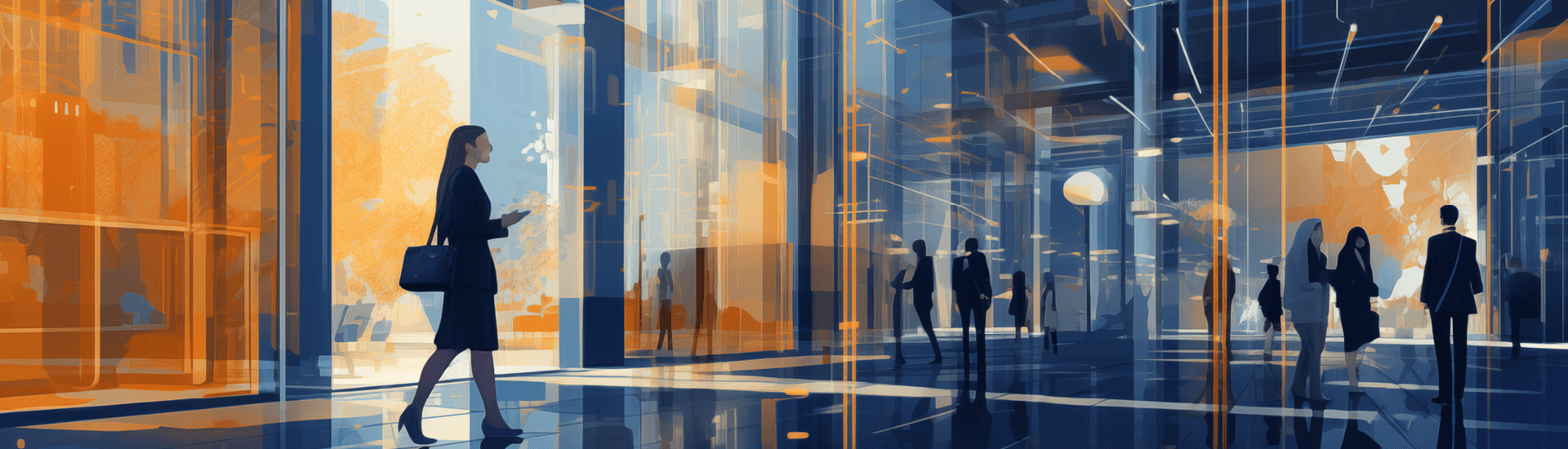 Illustration von Frau in Firmengebäude, Eingang, gläsernes Ambiente, grau gelbe Farben