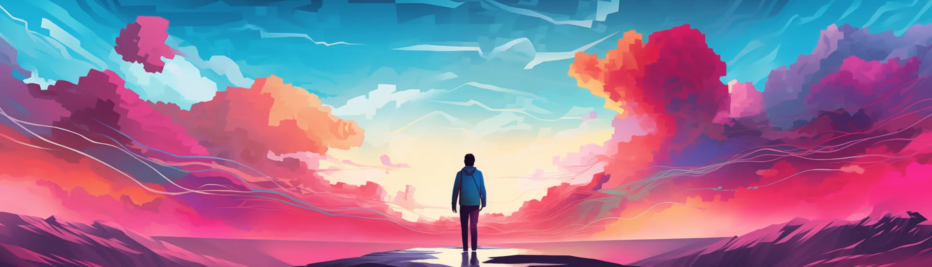 Illustration einer Person mit Blick auf eine verpixelte Skyline in Rose- und Blautönen