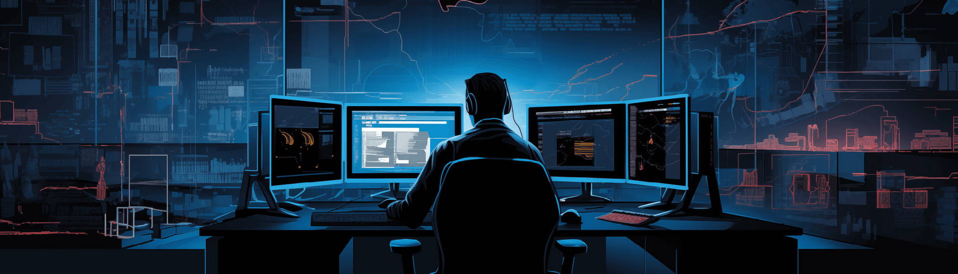 Illustration einer IT-Sicherheitsumgebung mit mehreren Monitoren und Fokus auf Patch- und Schwachstellenmanagement.